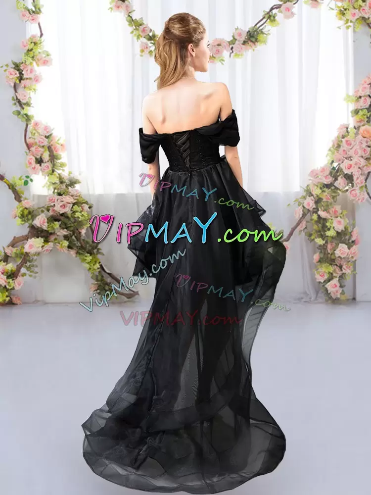 Black Wedding Guest Dresses Prom and Party and Wedding Party with Lace and Ruffled Layers Off The Shoulder Short Sleeves Lace Up