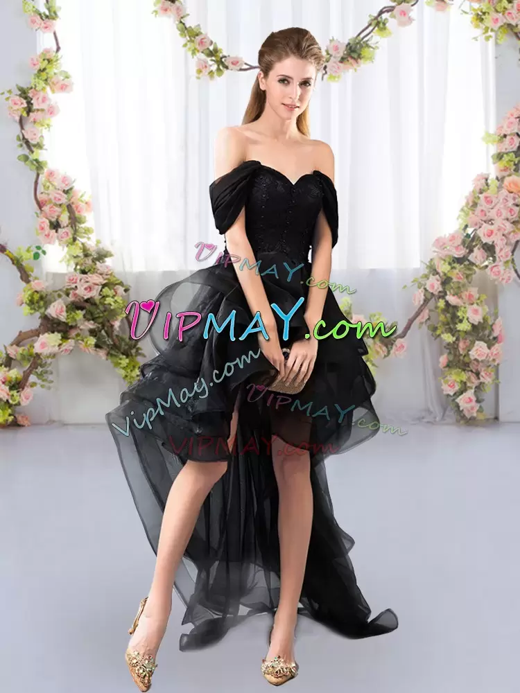 Black Wedding Guest Dresses Prom and Party and Wedding Party with Lace and Ruffled Layers Off The Shoulder Short Sleeves Lace Up