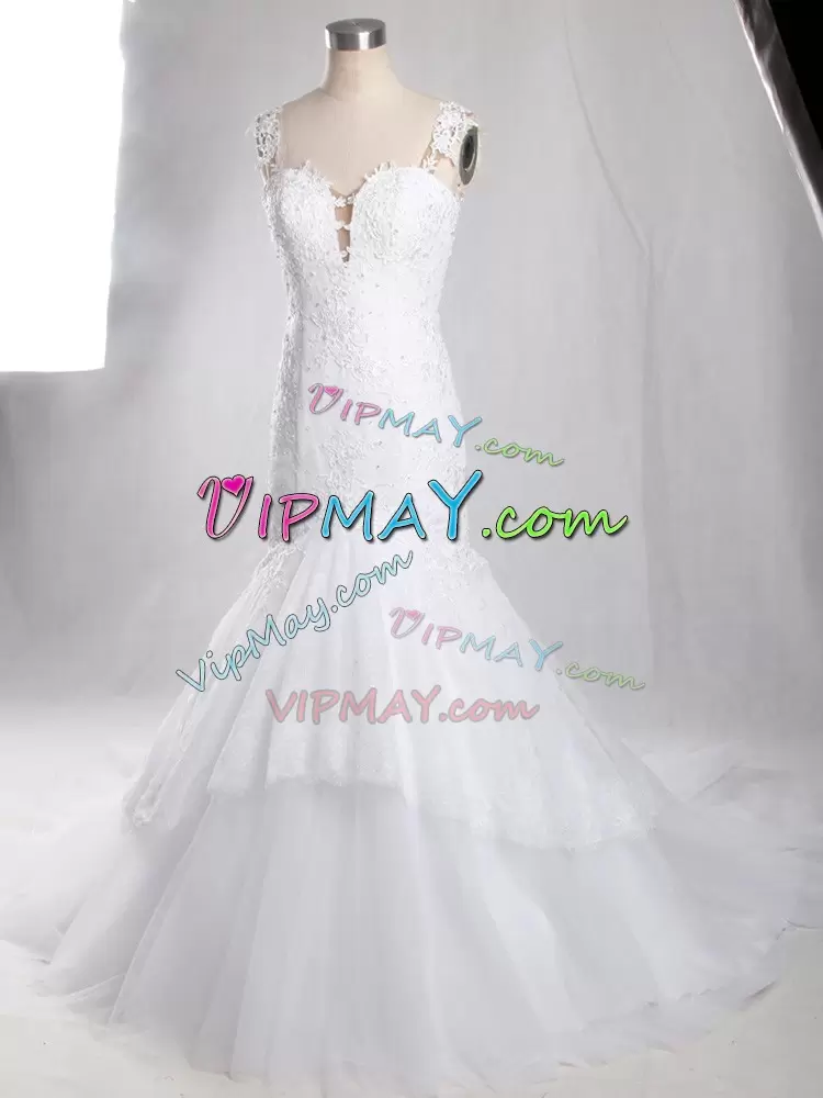 Charming White Wedding Dresses Tulle Brush Train Sleeveless Lace