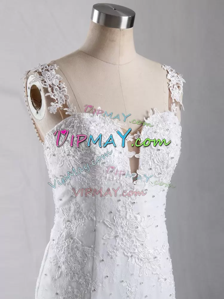 Charming White Wedding Dresses Tulle Brush Train Sleeveless Lace