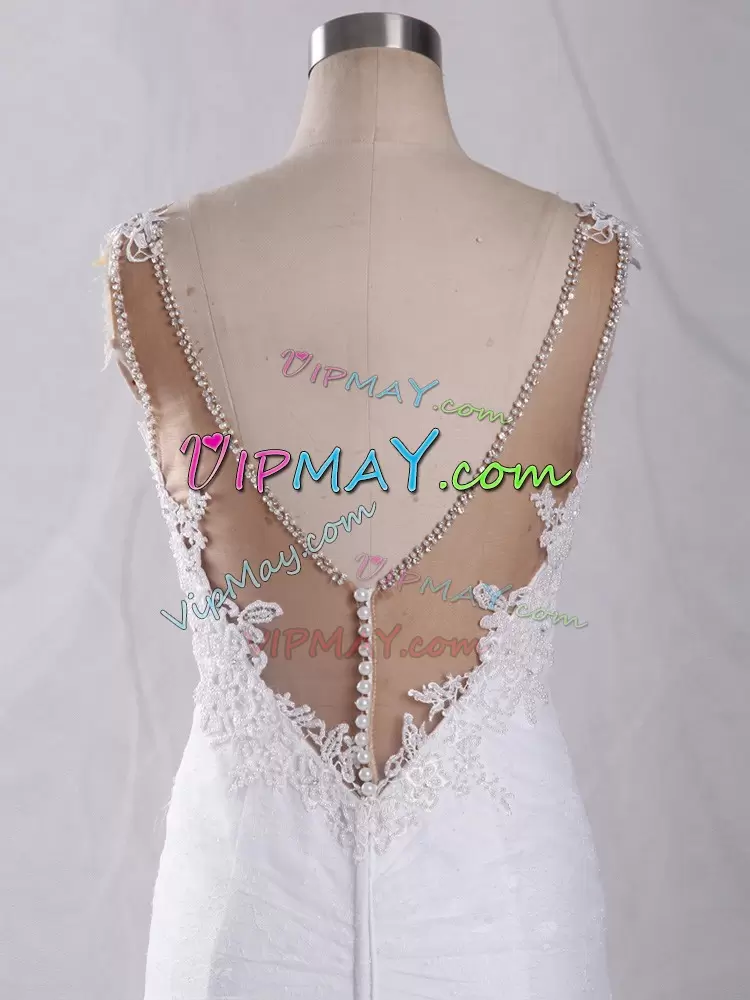 Charming White Wedding Dresses Tulle Brush Train Sleeveless Lace