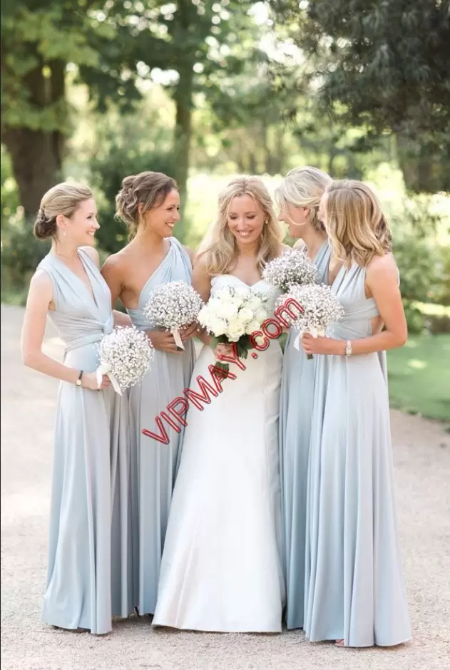 Light Blue Bridesmaid Dresses Ruching Sleeveless Floor Length