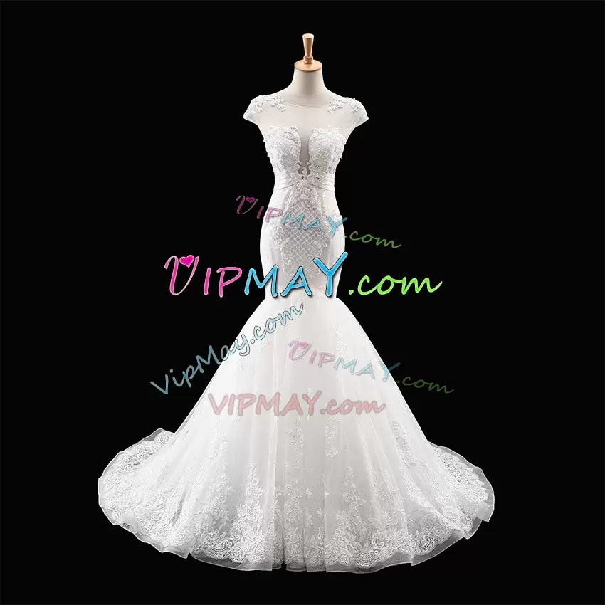 Scoop Cap Sleeves Bridal Gown With Train Court Train Appliques White Organza