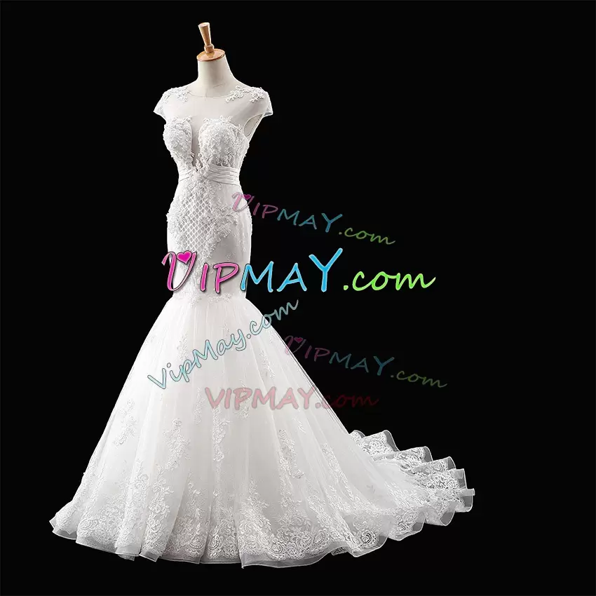 Scoop Cap Sleeves Bridal Gown With Train Court Train Appliques White Organza