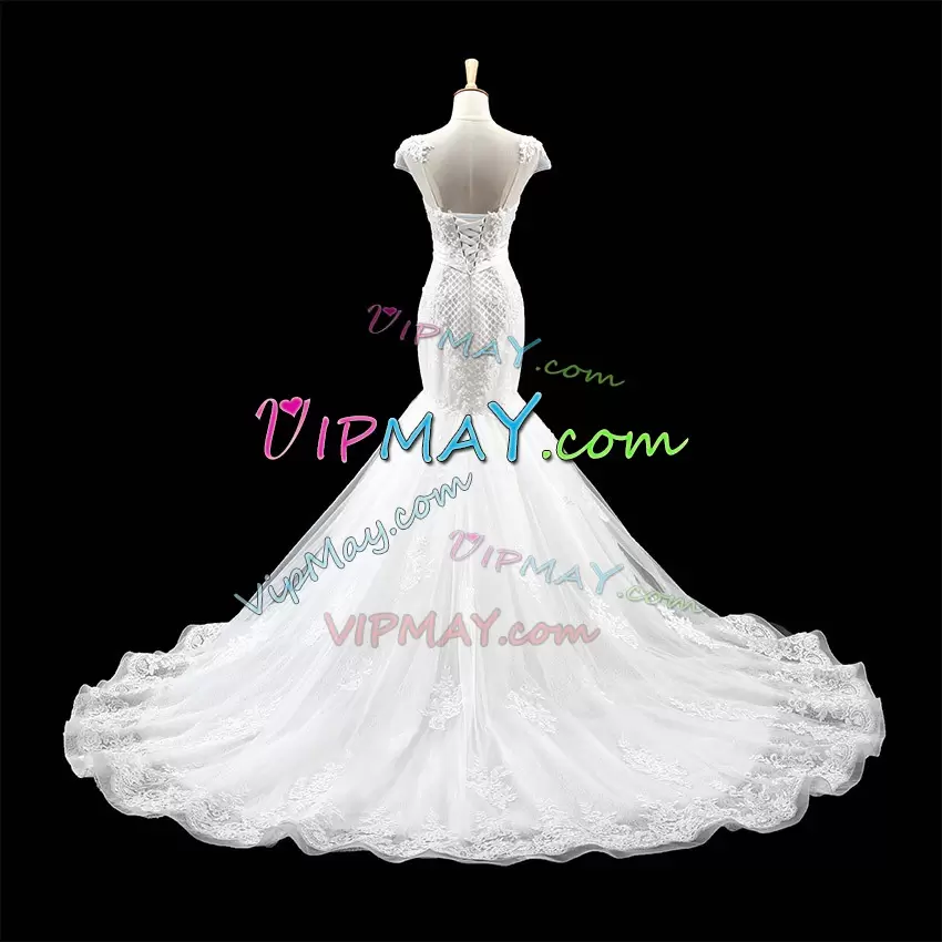 Scoop Cap Sleeves Bridal Gown With Train Court Train Appliques White Organza