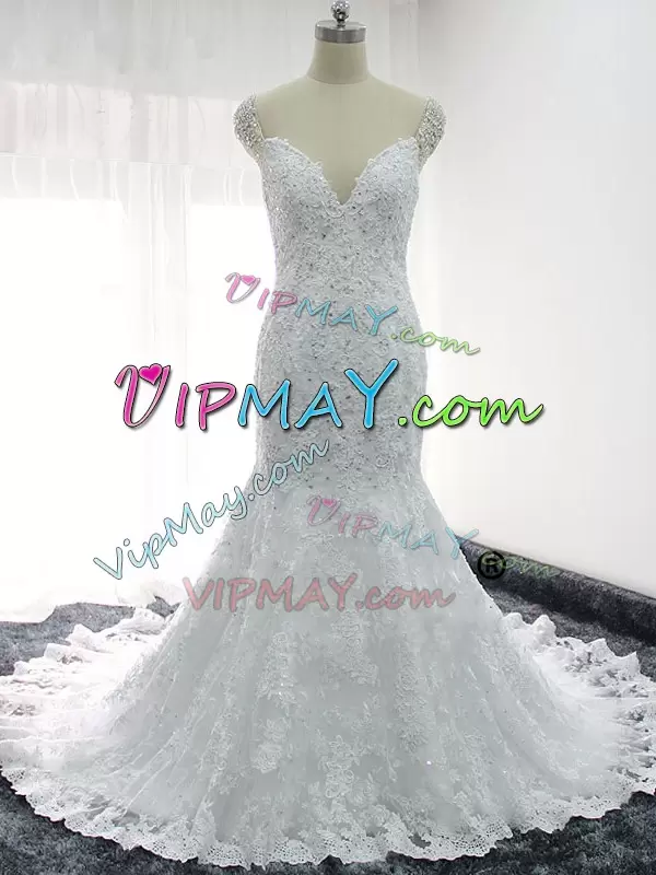Popular White Wedding Gown Beach and Wedding Party with Beading and Lace and Appliques Straps Cap Sleeves Backless