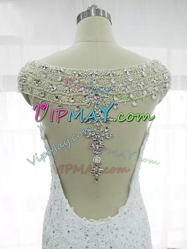 Popular White Wedding Gown Beach and Wedding Party with Beading and Lace and Appliques Straps Cap Sleeves Backless