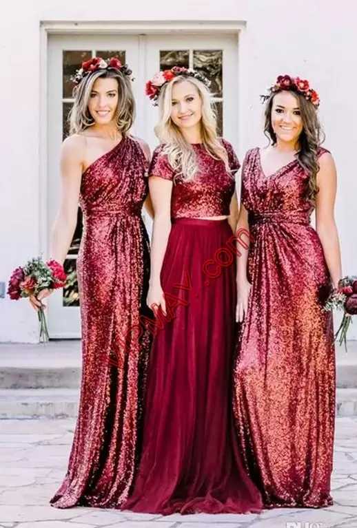 Burgundy Lace Up One Shoulder Beading and Lace Bridesmaid Gown Satin and Organza Sleeveless Sweep Train