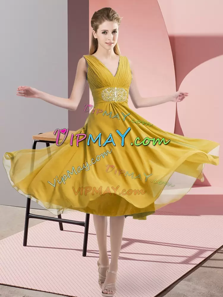 Pretty Gold Sleeveless Knee Length Beading Side Zipper Court Dresses for Sweet 16 V-neck