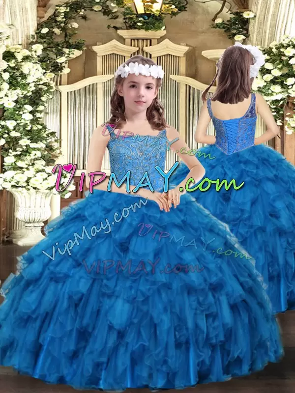 Gorgeous Ball Gowns Little Girls Pageant Dress Wholesale Blue Straps Organza Sleeveless Floor Length Lace Up