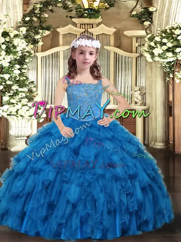 Gorgeous Ball Gowns Little Girls Pageant Dress Wholesale Blue Straps Organza Sleeveless Floor Length Lace Up