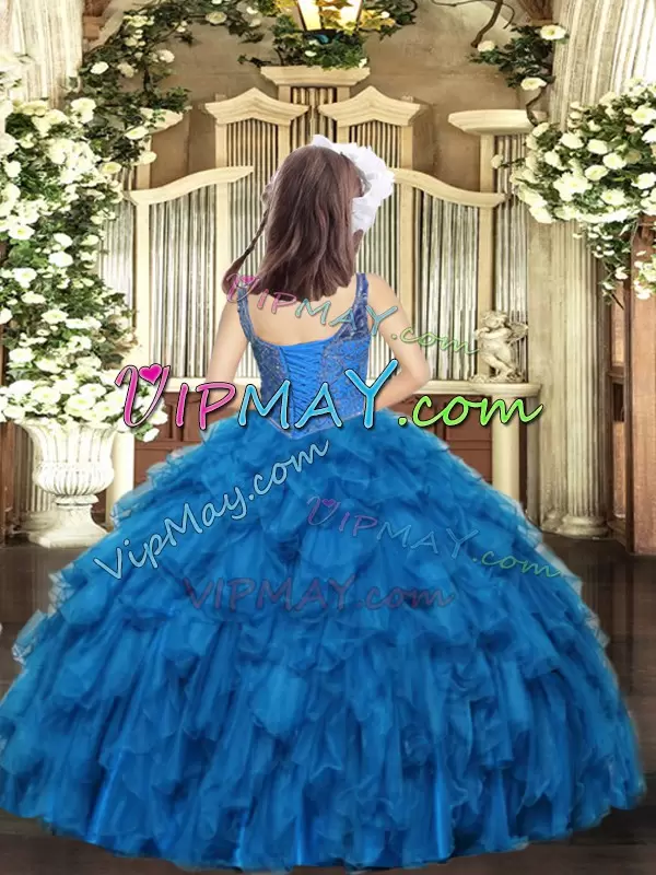 Gorgeous Ball Gowns Little Girls Pageant Dress Wholesale Blue Straps Organza Sleeveless Floor Length Lace Up