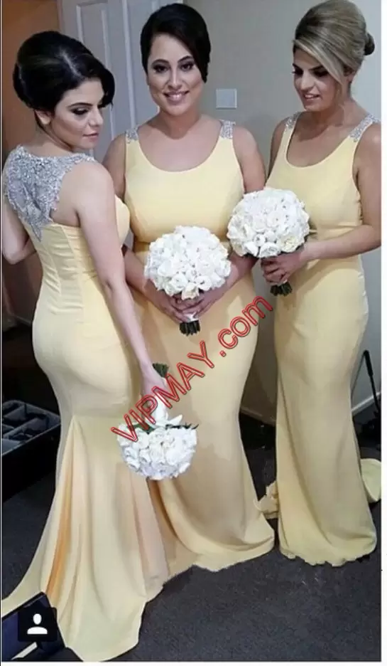 Eye-catching Scoop Sleeveless Zipper Wedding Party Dress Yellow Chiffon Beading