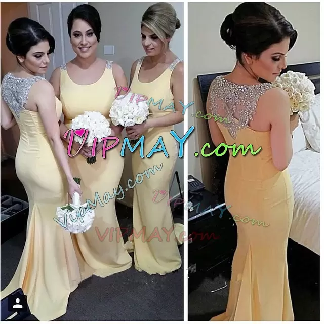 Eye-catching Scoop Sleeveless Zipper Wedding Party Dress Yellow Chiffon Beading