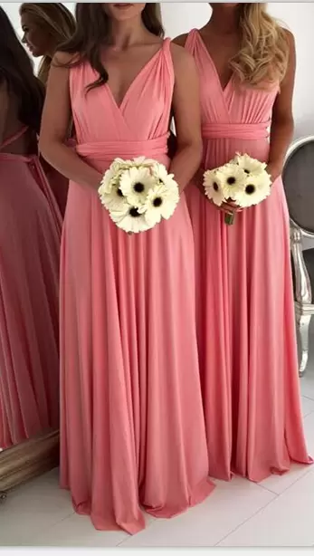 Floor Length Watermelon Red Bridesmaid Dress V-neck Sleeveless Lace Up