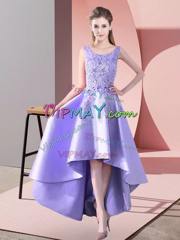 Eye-catching Scoop Sleeveless Bridesmaid Dress High Low Lace Lavender Satin