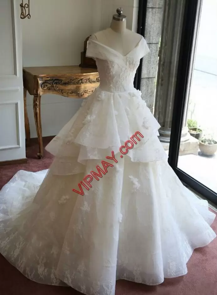 White Off The Shoulder Neckline Lace and Ruffled Layers Wedding Gowns Cap Sleeves Zipper