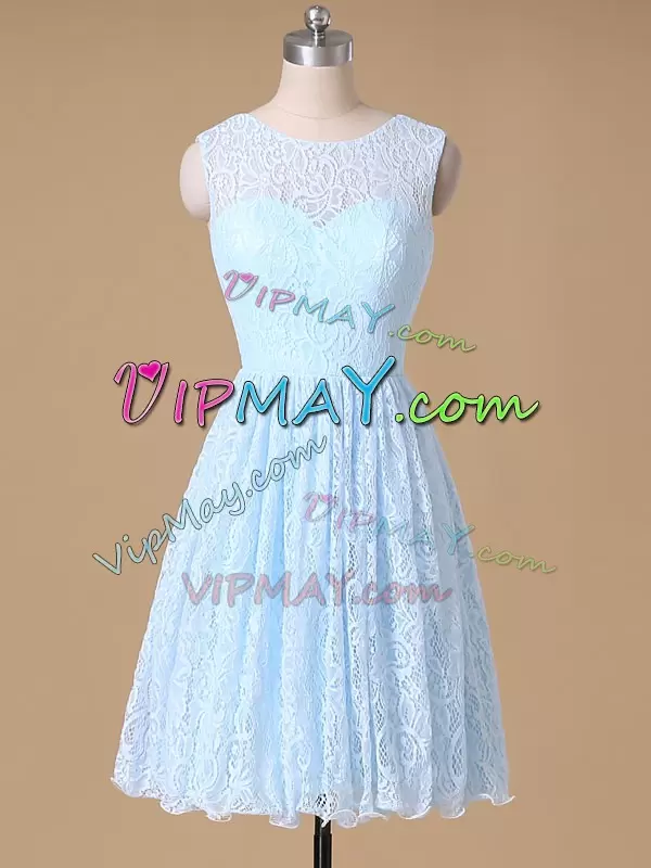 Bateau Sleeveless Zipper Bridesmaid Dress Baby Blue Lace Lace and Bowknot