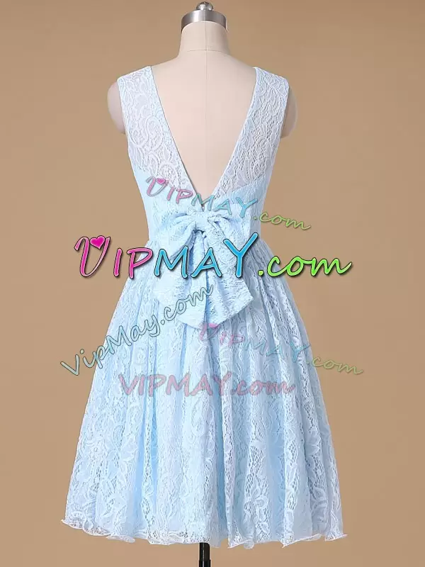 Bateau Sleeveless Zipper Bridesmaid Dress Baby Blue Lace Lace and Bowknot