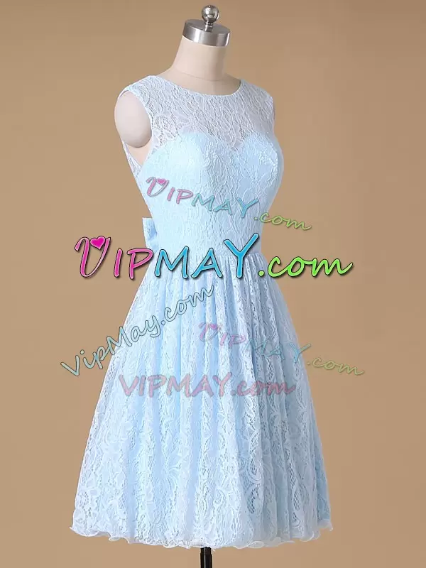 Bateau Sleeveless Zipper Bridesmaid Dress Baby Blue Lace Lace and Bowknot