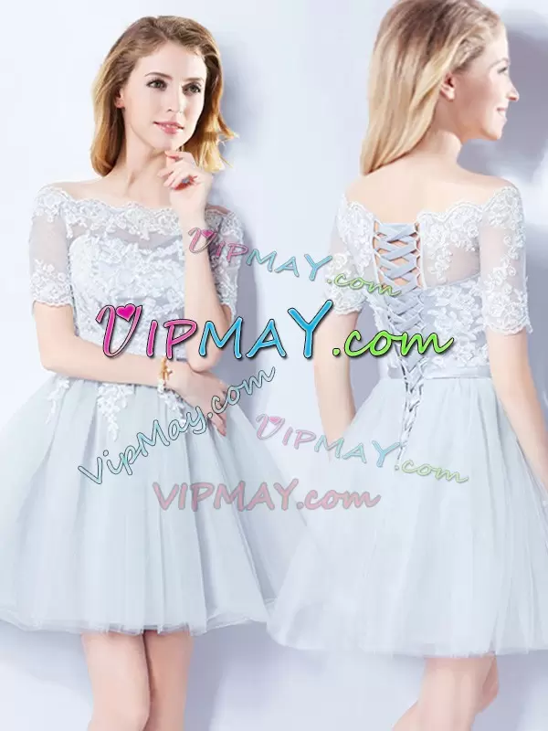 Beautiful Lace Bridesmaid Gown Light Blue Lace Up Short Sleeves Mini Length