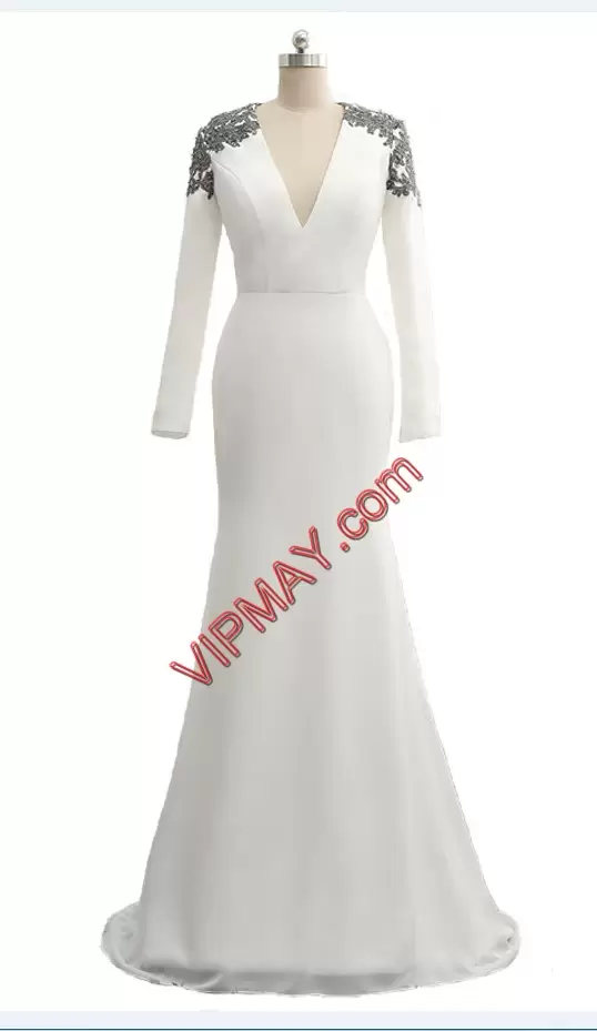 Simple V-neck Long Sleeves Modest Bridal Gown Mermaid Zipper Back