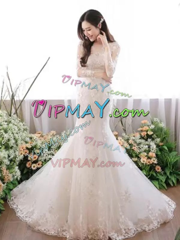 White Bridal Gown Tulle Sweep Train Long Sleeves Appliques