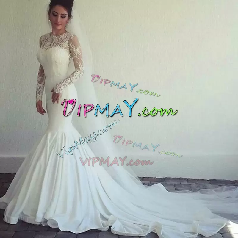 Flirting White Long Sleeves Court Train Lace With Train Wedding Dresses