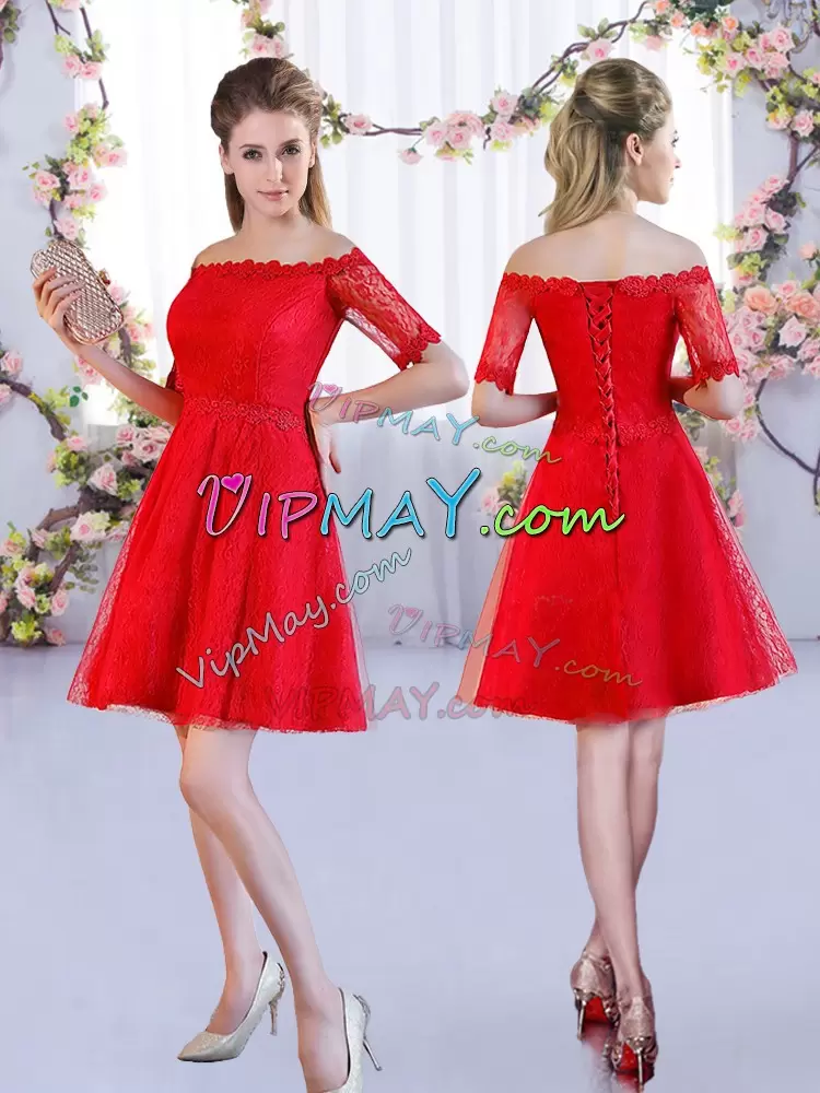 Fashionable Half Sleeves Lace Mini Length Lace Up Wedding Party Dress in Red with Lace