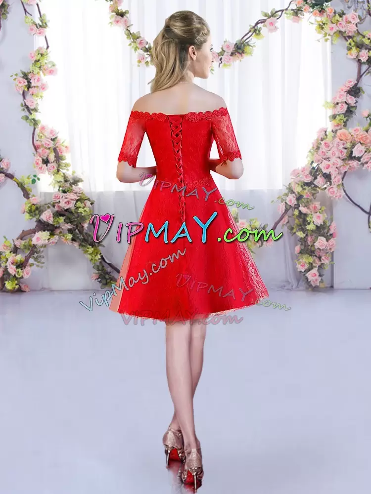 Fashionable Half Sleeves Lace Mini Length Lace Up Wedding Party Dress in Red with Lace