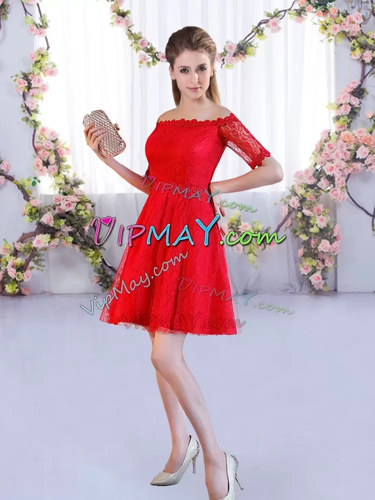 Fashionable Half Sleeves Lace Mini Length Lace Up Wedding Party Dress in Red with Lace