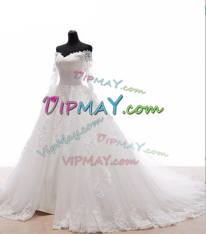 Off The Shoulder Long Sleeves Court Train Clasp Handle Wedding Gowns White Tulle Appliques