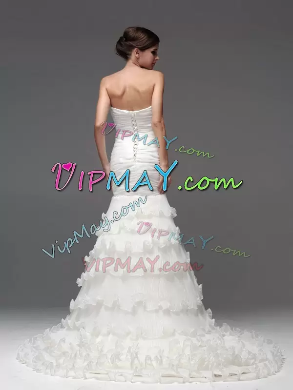 Sleeveless Organza With Brush Train Lace Up Wedding Gown in White with Ruffled Layers