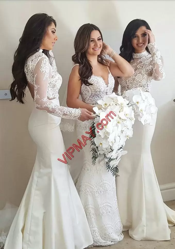 Custom Made White High-neck Lace Wedding Party Dress Sweep Train Long Sleeves