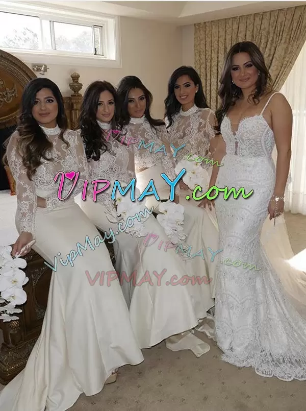 Custom Made White High-neck Lace Wedding Party Dress Sweep Train Long Sleeves