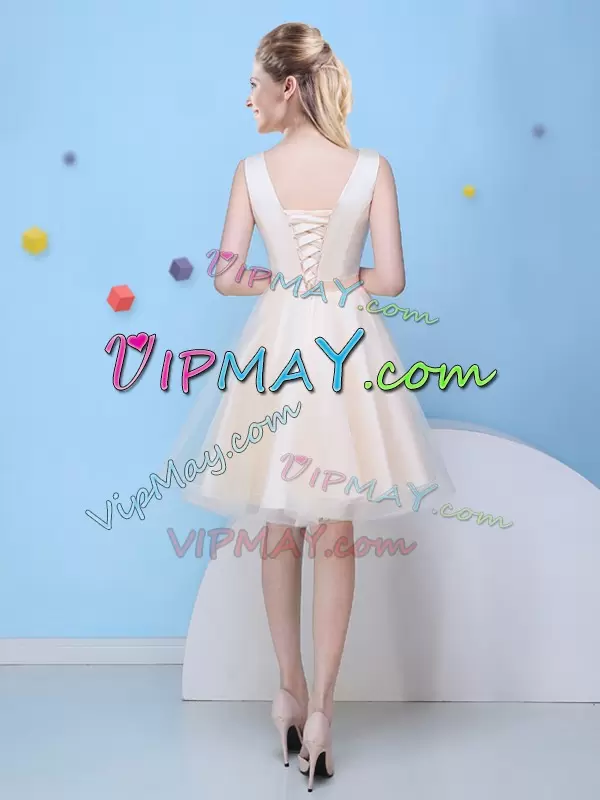 Champagne Scoop Neckline Bowknot Wedding Party Dress Sleeveless Lace Up