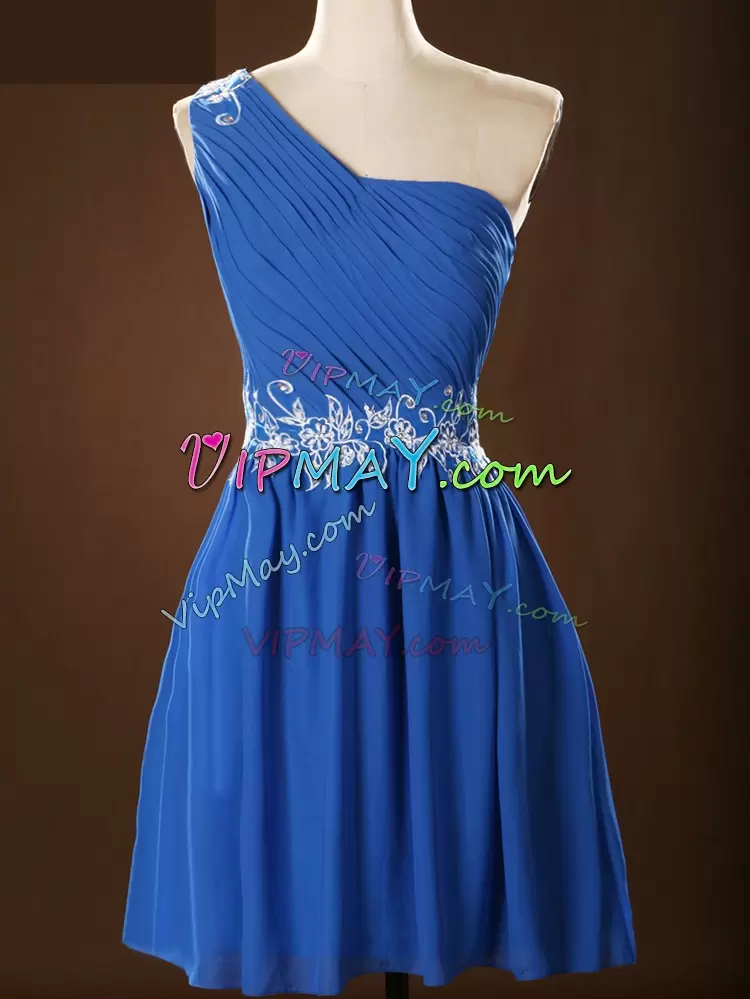 Romantic Blue Wedding Guest Dresses Prom and Party and Wedding Party with Appliques and Ruching One Shoulder Sleeveless Zipper