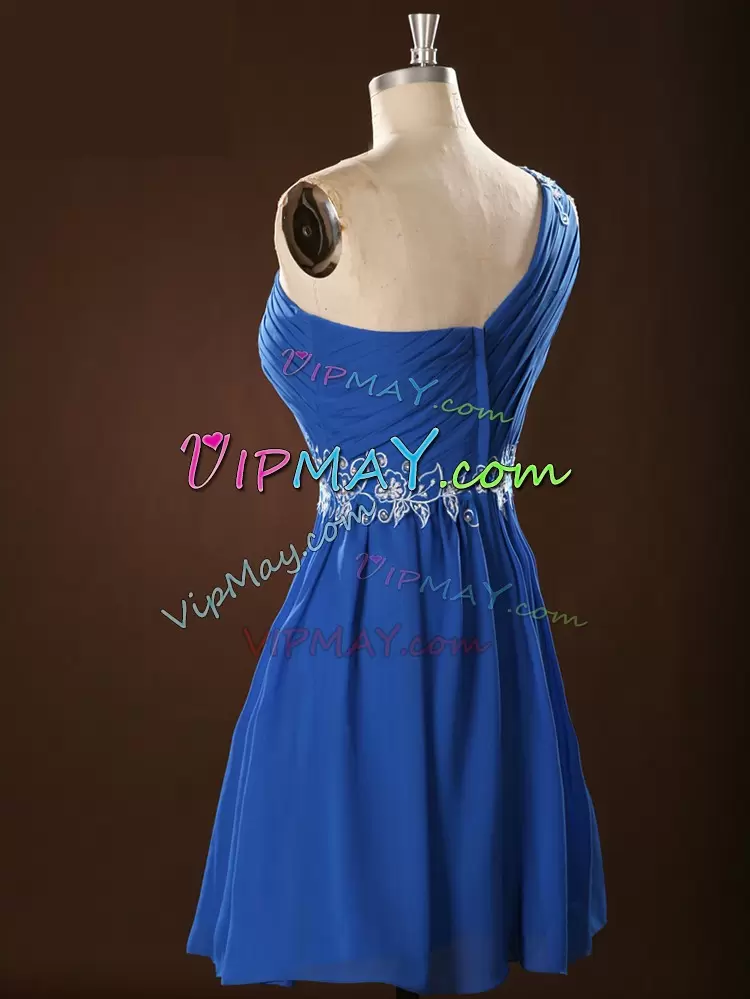 Romantic Blue Wedding Guest Dresses Prom and Party and Wedding Party with Appliques and Ruching One Shoulder Sleeveless Zipper