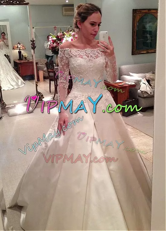 Hot Selling White Off The Shoulder Zipper Lace and Appliques Wedding Gown Sweep Train Long Sleeves