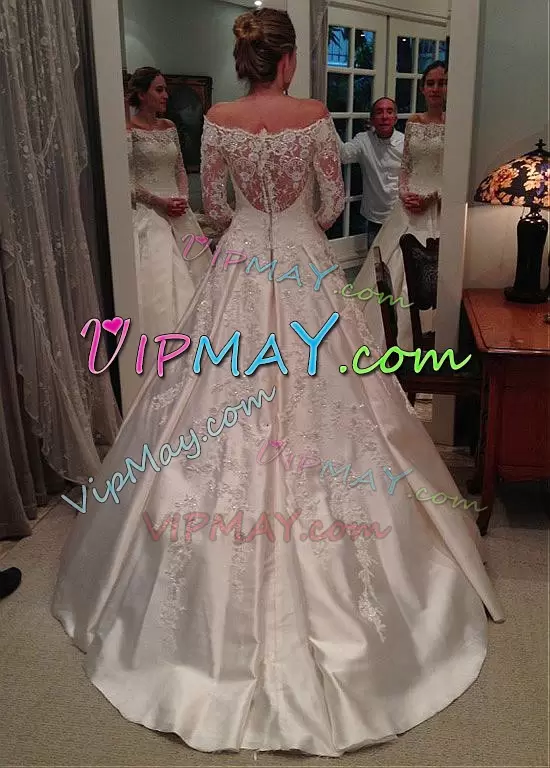 Hot Selling White Off The Shoulder Zipper Lace and Appliques Wedding Gown Sweep Train Long Sleeves