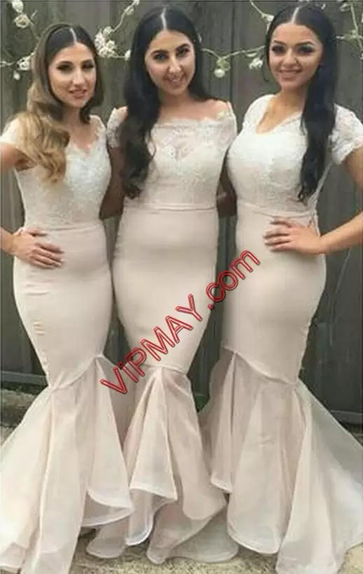 Sleeveless Satin Floor Length Zipper Wedding Guest Dresses in Champagne with Appliques