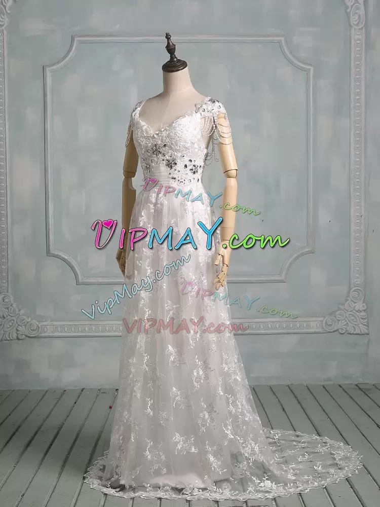 White V-neck Neckline Beading and Lace Bridal Gown Cap Sleeves Side Zipper