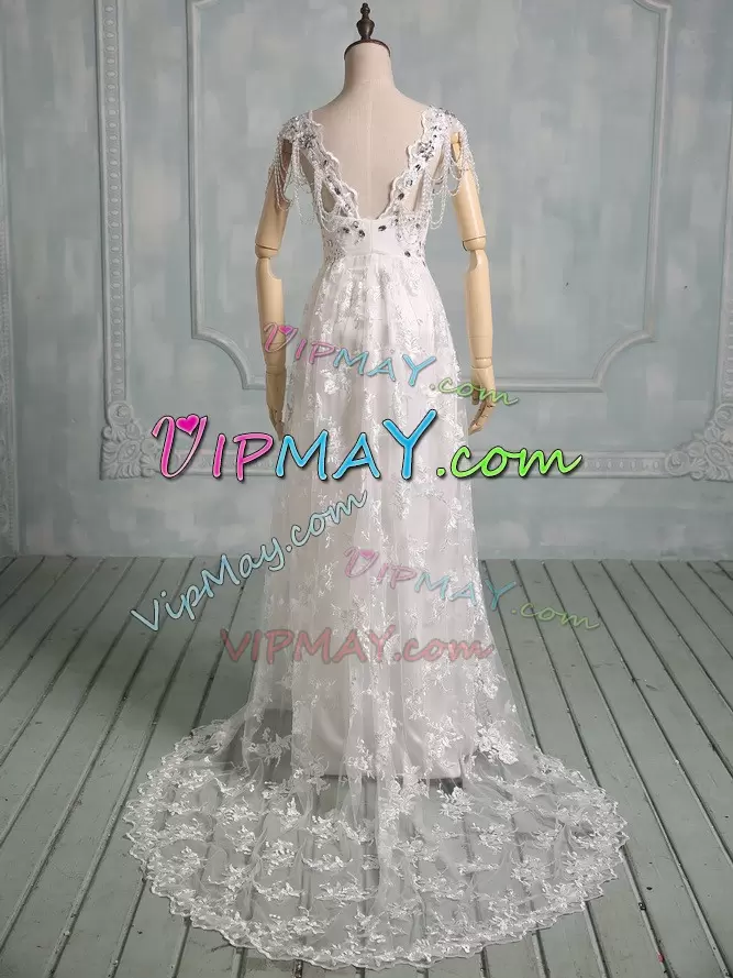 White V-neck Neckline Beading and Lace Bridal Gown Cap Sleeves Side Zipper