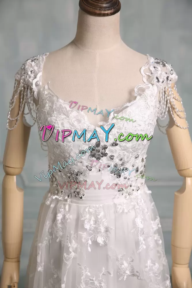 White V-neck Neckline Beading and Lace Bridal Gown Cap Sleeves Side Zipper