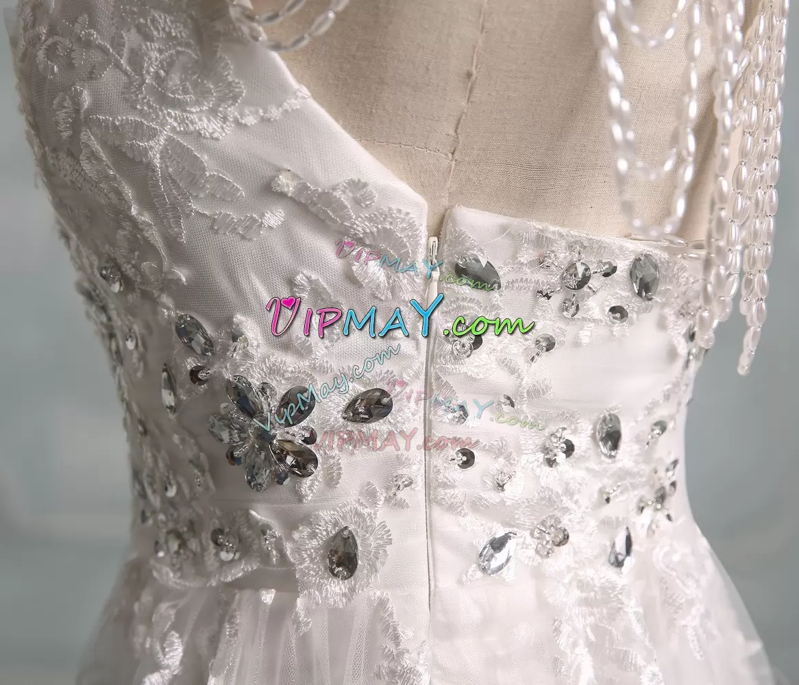 White V-neck Neckline Beading and Lace Bridal Gown Cap Sleeves Side Zipper