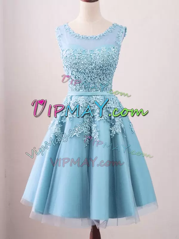 A-line Bridesmaid Dresses Aqua Blue Scoop Tulle Sleeveless Knee Length Zipper