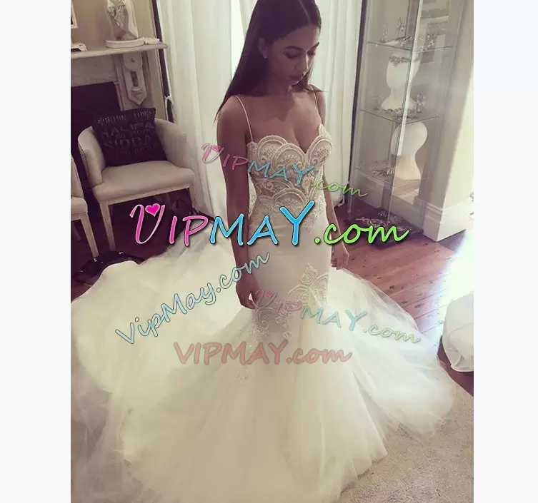 Fashion White Tulle Lace Up Wedding Dress Sleeveless Court Train Appliques