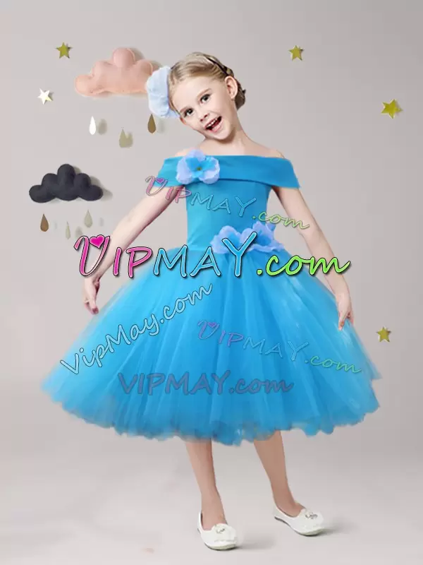 Short Sleeves Tulle Tea Length Zipper Flower Girl Dresses in Blue with Hand Made Flower