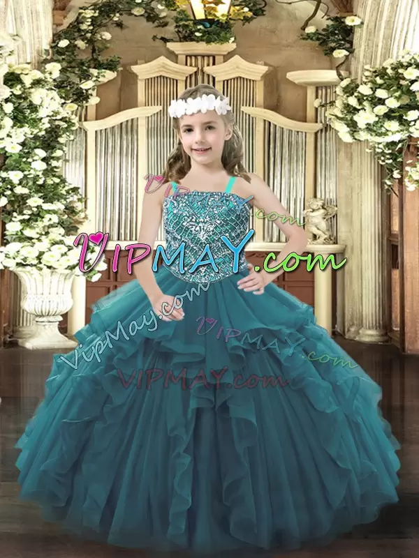 Dazzling Straps Sleeveless Custom Made Pageant Dress Floor Length Beading and Ruffles Teal Organza