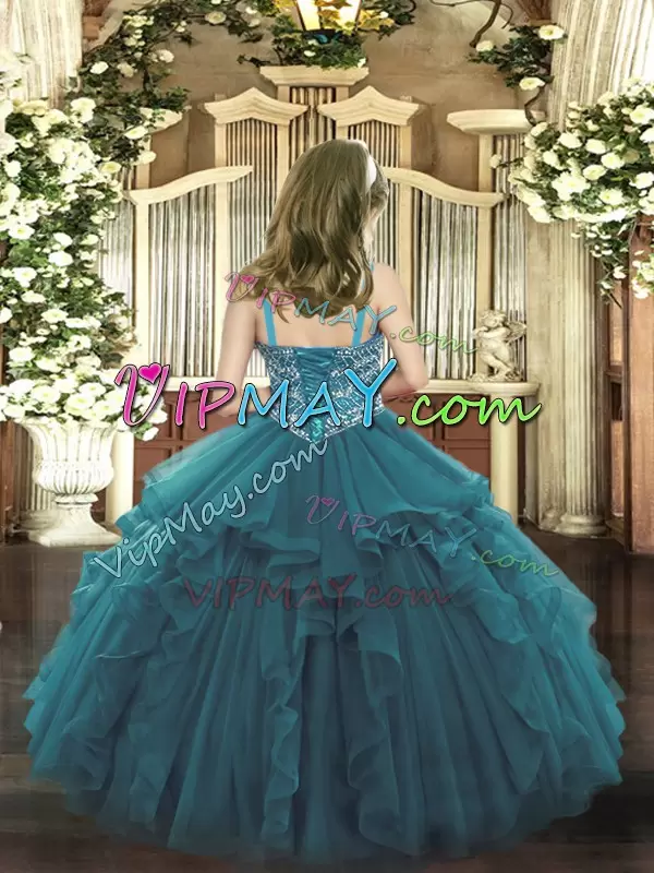 Dazzling Straps Sleeveless Custom Made Pageant Dress Floor Length Beading and Ruffles Teal Organza